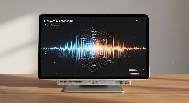 Quantum computing waveform visualization on modern tablet screen, ai-driven segments concept vector illustration