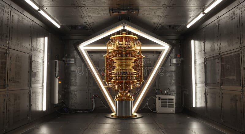 Quantum Computing Μια ματιά στο μέλλον με το Golden Quantum Computer Protocol μέσα σε ένα τεχνολογικό δωμάτιο διανυσματική απεικόνιση