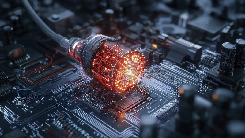 Quantum cryptography device computer circuit digital art technology lab close-up innovation in security royalty free illustration