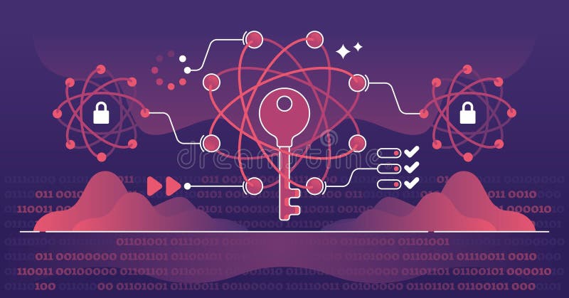 Quantum cryptography focuses on secure communication using quantum mechanics. Key... vector illustration