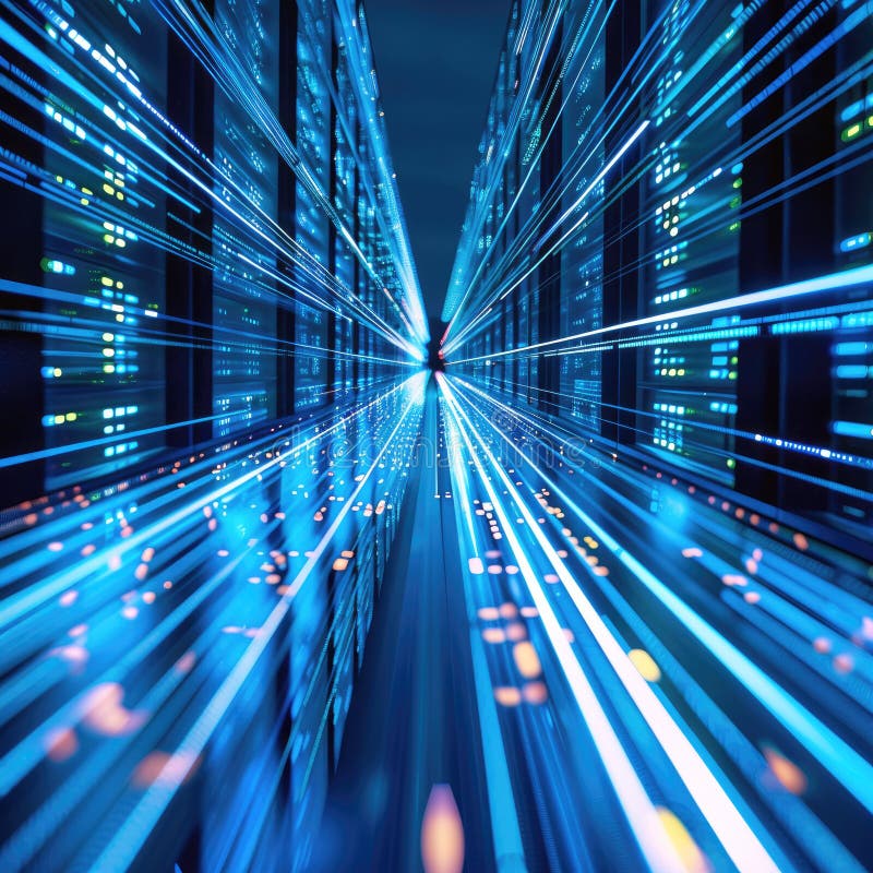 Quantum memory can take the Internet to infinity. A computer server room with blue lights and white lines. vector illustration