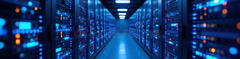 Quantum network server room, glowing blue nodes, big data, glowing lights, fiber optics royalty free illustration