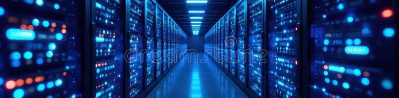 Quantum network server room, glowing blue nodes, quantum entanglement, technology stock illustration