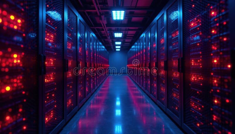 Quantum network server room, glowing fiber optics, advanced technology, development vector illustration