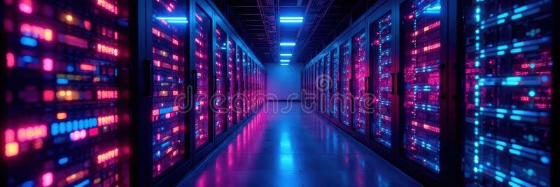 Quantum network server room, glowing fiber optics, interconnectivity, computer, information royalty free illustration