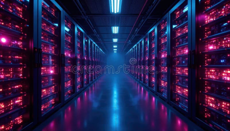Quantum network server room, glowing fiber optics, wires, light royalty free illustration