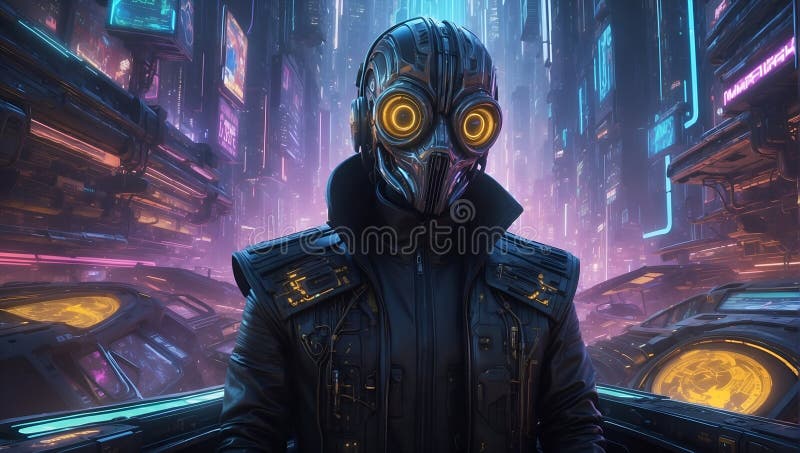 Quantum Nocturne: Cyberpunk Hacker\'s Nighttime Sonata. Generative AI royalty free illustration