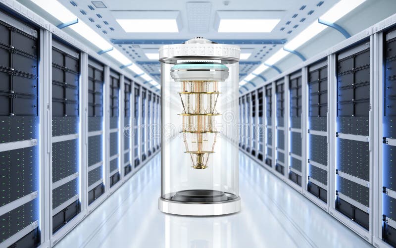Quantum server network with quantum computer machine in server room stock illustration