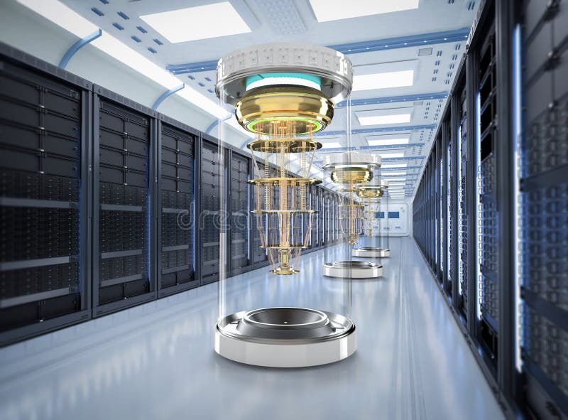 Quantum server network with quantum computer machine in server room royalty free illustration