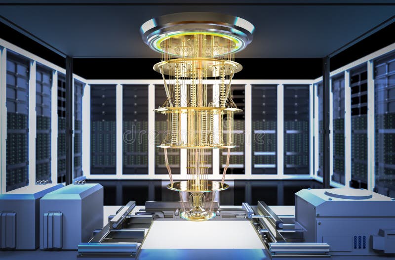 Quantum server network with quantum computer machine in server room royalty free illustration