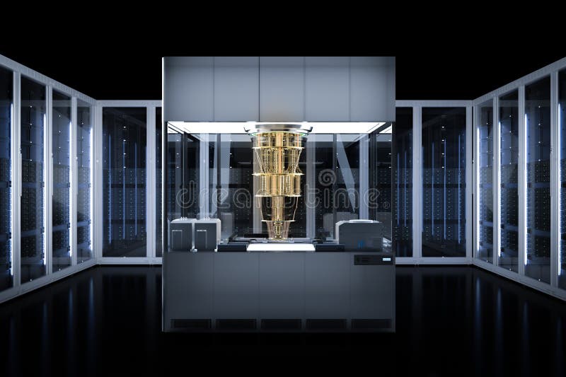 Quantum server network with quantum computer machine in server room vector illustration