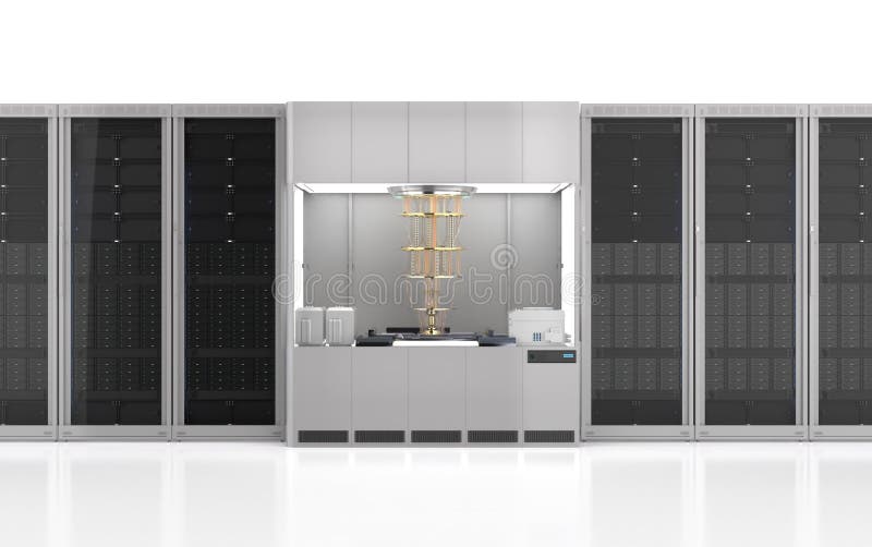 Quantum server network with quantum computer machine in server room vector illustration