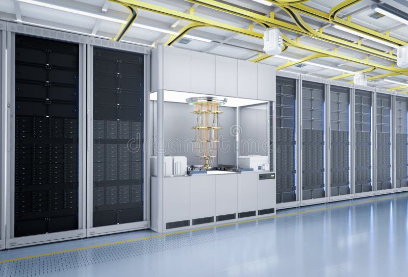 Quantum server network with quantum computer machine in server room vector illustration