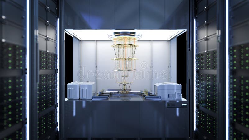 Quantum server network with quantum computer machine in server room royalty free illustration