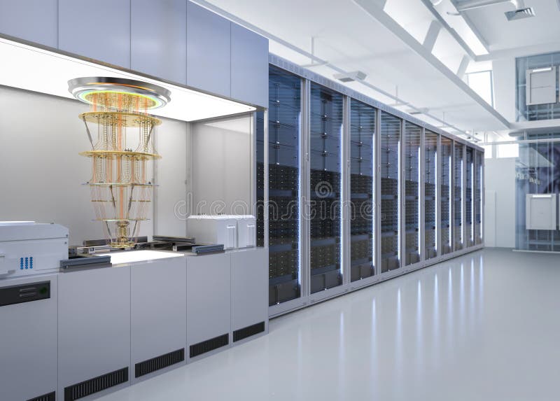 Quantum server network with quantum computer machine in server room royalty free illustration