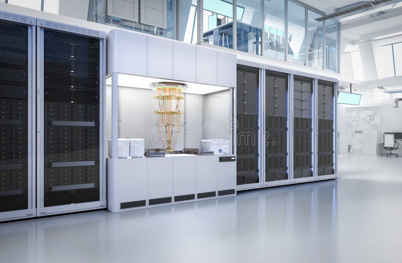 Quantum server network with quantum computer machine in server room stock illustration