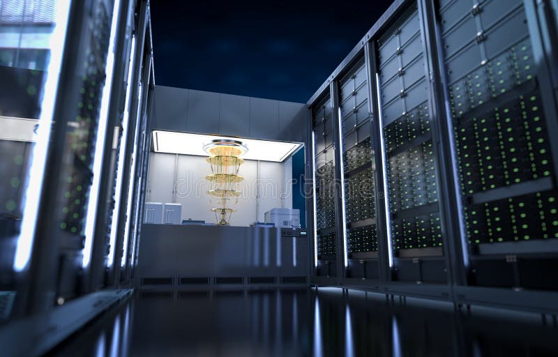 Quantum server network with quantum computer machine in server room stock illustration