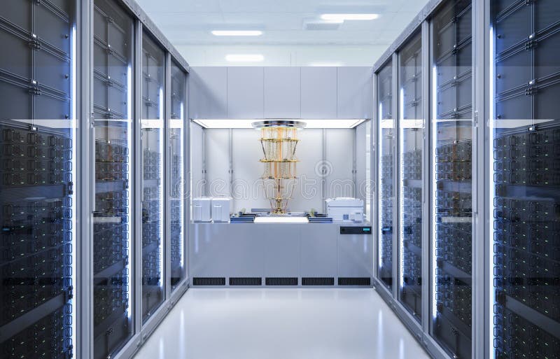 Quantum server network with quantum computer machine in server room stock illustration