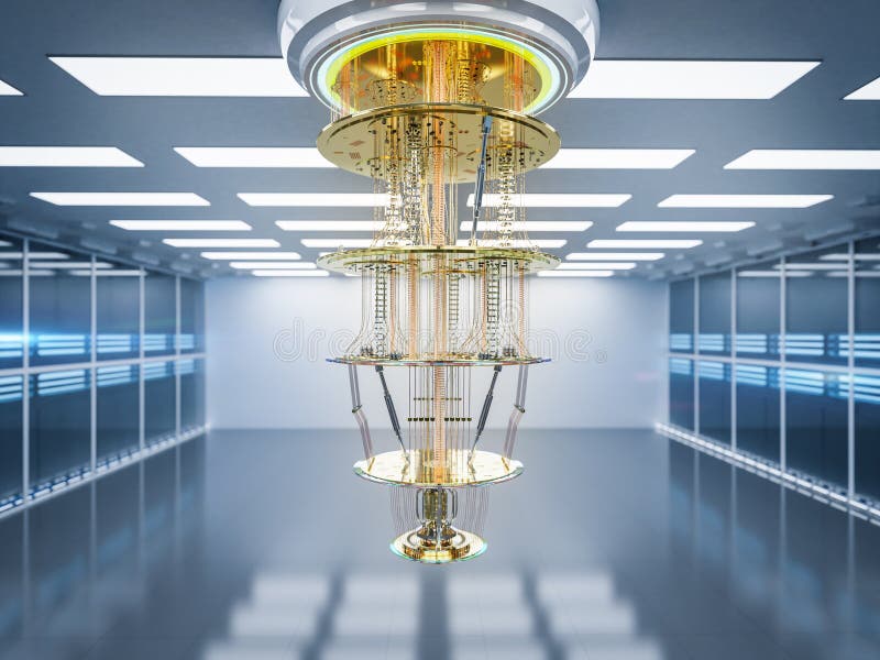 Quantum server network with quantum computer machine in server room royalty free illustration