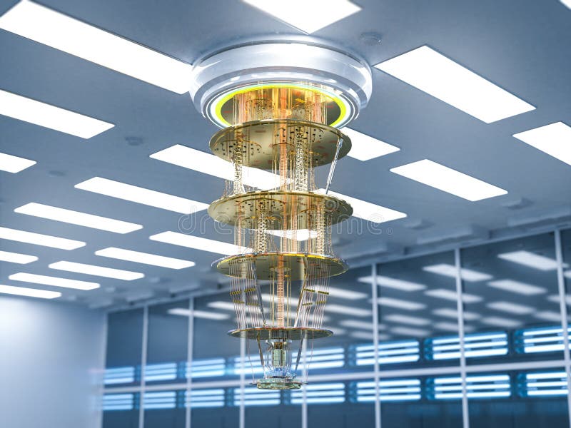 Quantum server network with quantum computer machine in server room vector illustration