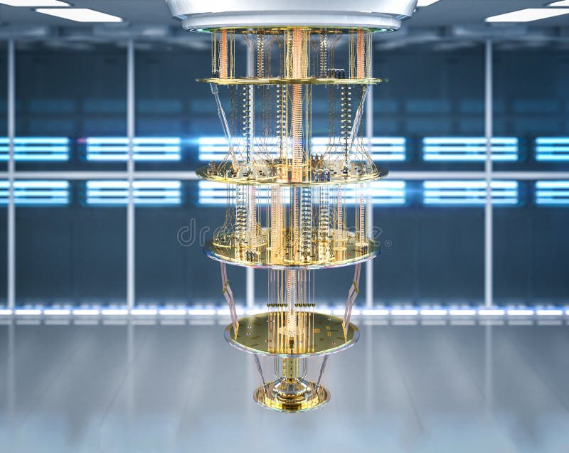 Quantum server network with quantum computer machine in server room stock illustration