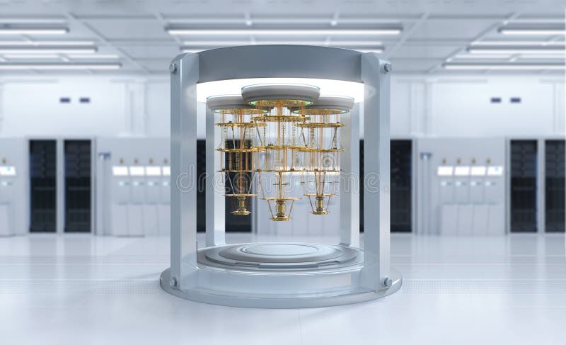 Quantum server network with quantum computer machine in server room royalty free illustration