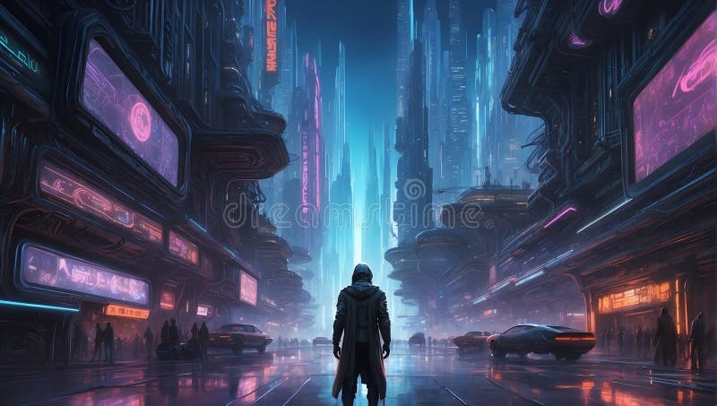 Quantum Sonata: Cyberpunk Hacker\'s Energetic Harmony. Generative AI stock illustration