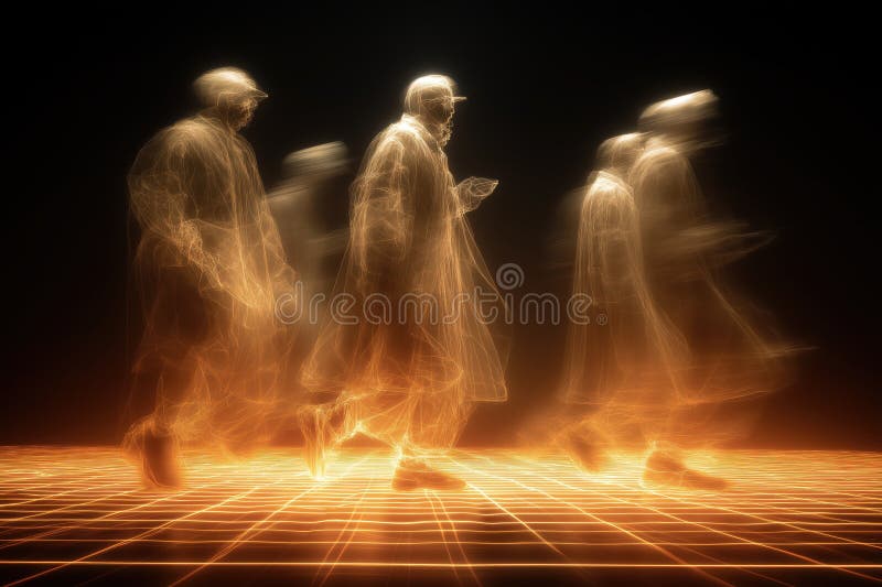 Quantum superposition visualized as multistate human floating above glowing atomic grid royalty free illustration