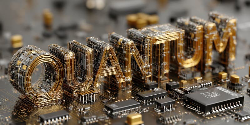 Quantum word in gold circuit style on microchip board, futuristic technology concept stock illustration