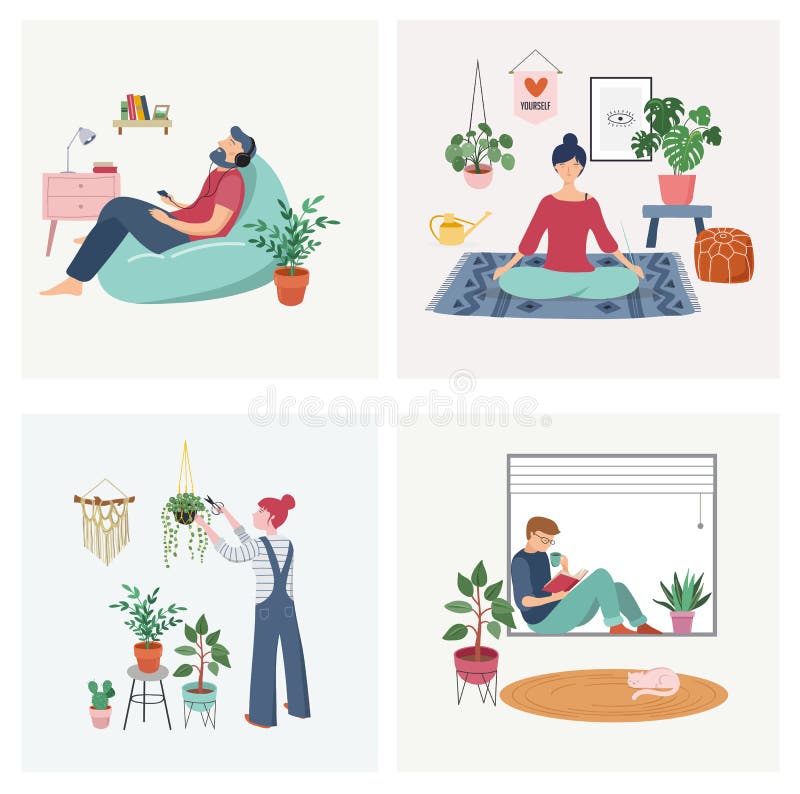 Quarantine, stay at home concept series - people sitting at their home, room or apartment, practicing yoga, enjoying. Quarantine, stay at home concept series royalty free illustration Quarantine, stay at home concept series - people sitting at their home, room or apartment, practicing yoga, enjoying. Quarantine, stay at home concept series royalty free illustration