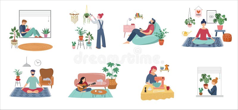 Quarantine, stay at home concept series - people sitting at their home, room or apartment, practicing yoga, enjoying. Quarantine, stay at home concept series vector illustration Quarantine, stay at home concept series - people sitting at their home, room or apartment, practicing yoga, enjoying. Quarantine, stay at home concept series vector illustration