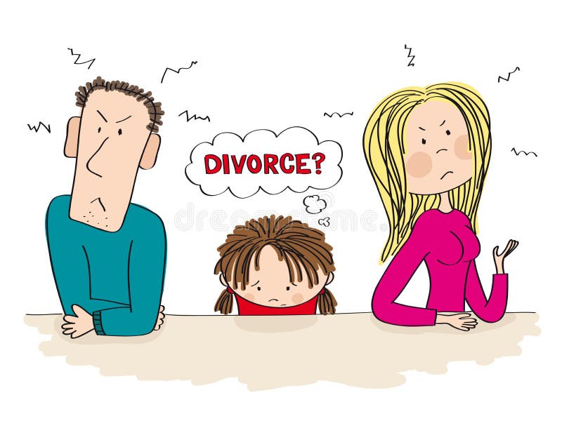 Quarreling parents. Their sad child is thinking about divorce. stock illustration