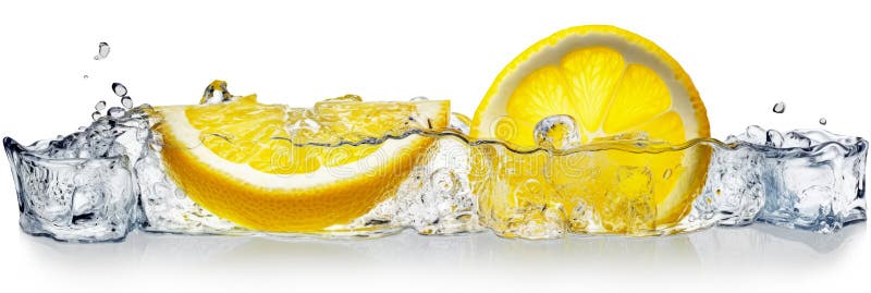 Quartered lemon and a slice of lemon in water with splash isolated against a white background in panorama format. Generative AI