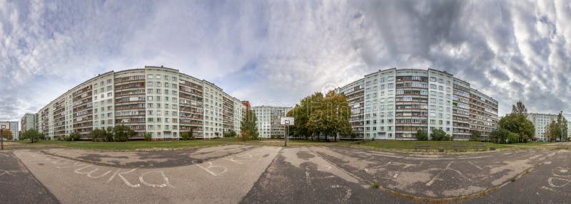 Soviet time apartment blocks district 360 degree panorama in Riga, Latvia. Soviet time apartment blocks district 360 degree panorama in Riga, Latvia