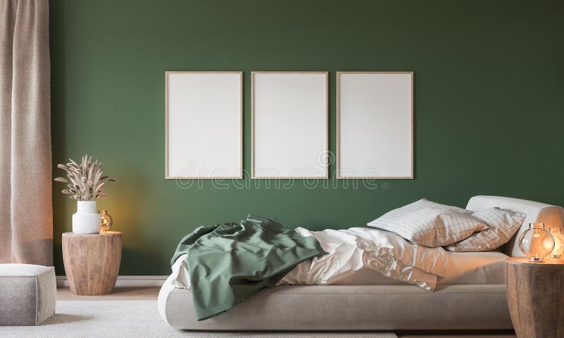 Home interior background cozy green bedroom with bright furniture natural wooden tables frame mockup in modern style 3d render. Home interior background cozy green bedroom with bright furniture natural wooden tables frame mockup in modern style 3d render