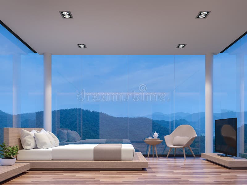 Quarto de vidro da casa da cena da noite com imagem da rendição do Mountain View 3d ilustração stock Quarto de vidro da casa da cena da noite com imagem da rendição do Mountain View 3d ilustração stock