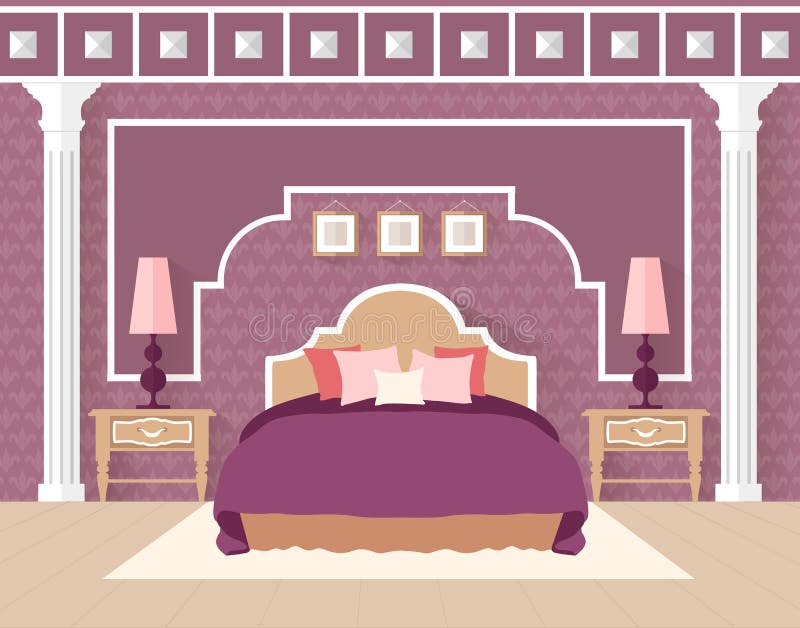 Quarto no estilo liso dentro na cor roxa ilustração royalty free Quarto no estilo liso dentro na cor roxa ilustração royalty free