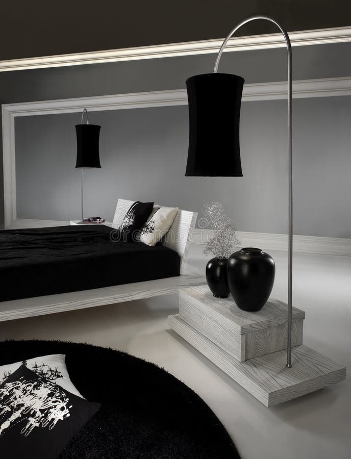 Modern bedroom with black leather cover and black carpet on white floor. Modern bedroom with black leather cover and black carpet on white floor.