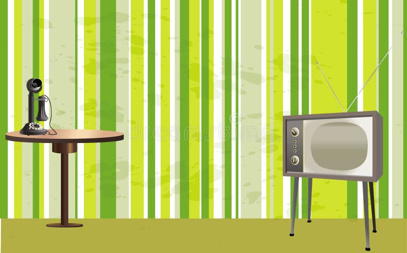 Quarto retro do estilo com tevê, telefone e tabela ilustração royalty free Quarto retro do estilo com tevê, telefone e tabela ilustração royalty free