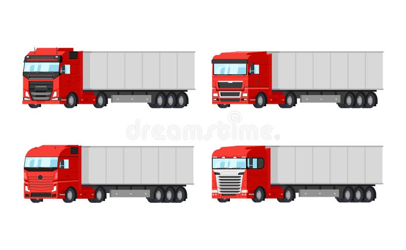 Quatre camions rouges différents pour des marchandises de la livraison dirigent la conception plate d'isolement sur le fond blanc illustration libre de droits Quatre camions rouges différents pour des marchandises de la livraison dirigent la conception plate d'isolement sur le fond blanc illustration libre de droits