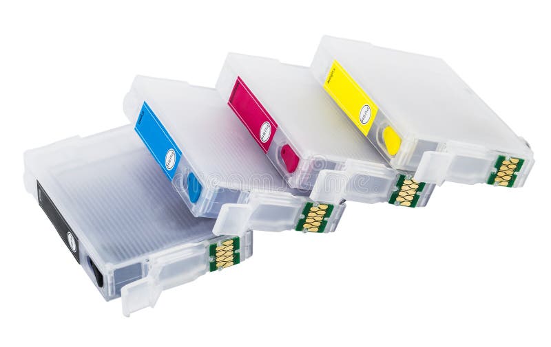 Four empty refillable cartridges for colour inkjet printer isolated on white background. Four empty refillable cartridges for colour inkjet printer isolated on white background