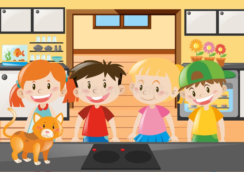 Quatre enfants se tenant dans la cuisine illustration libre de droits Quatre enfants se tenant dans la cuisine illustration libre de droits