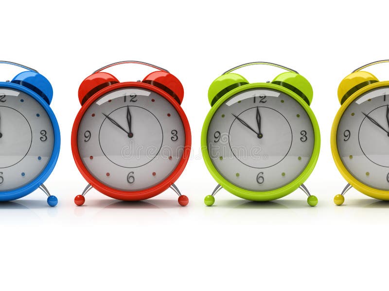 Four colourful alarm clocks isolated on white background. Four colourful alarm clocks isolated on white background