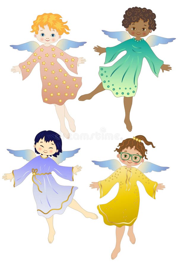 Little angels of different ethnicities with colorful clothes on a white background and different levels. Little angels of different ethnicities with colorful clothes on a white background and different levels