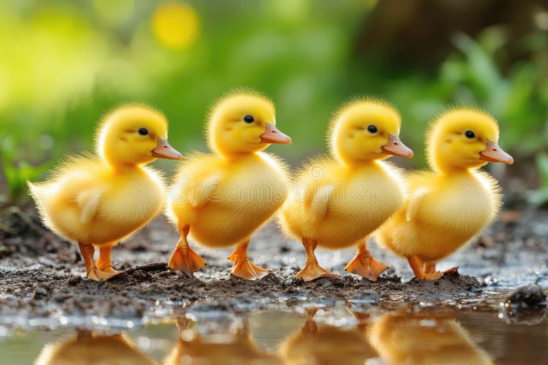 Quatre mignons canards jaunes marchant près de l'étang. Quatre adorables canetons jaunes marchant d'affilée près d'un étang dans la nature