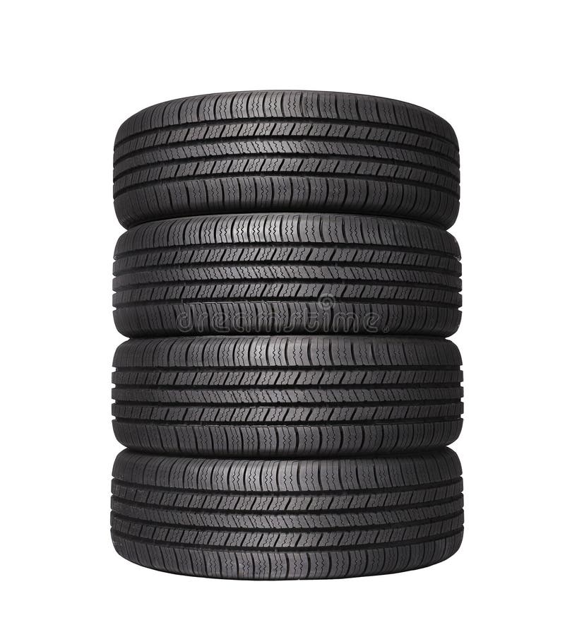 Four automobile black rubber tires isolated on white background. Four automobile black rubber tires isolated on white background