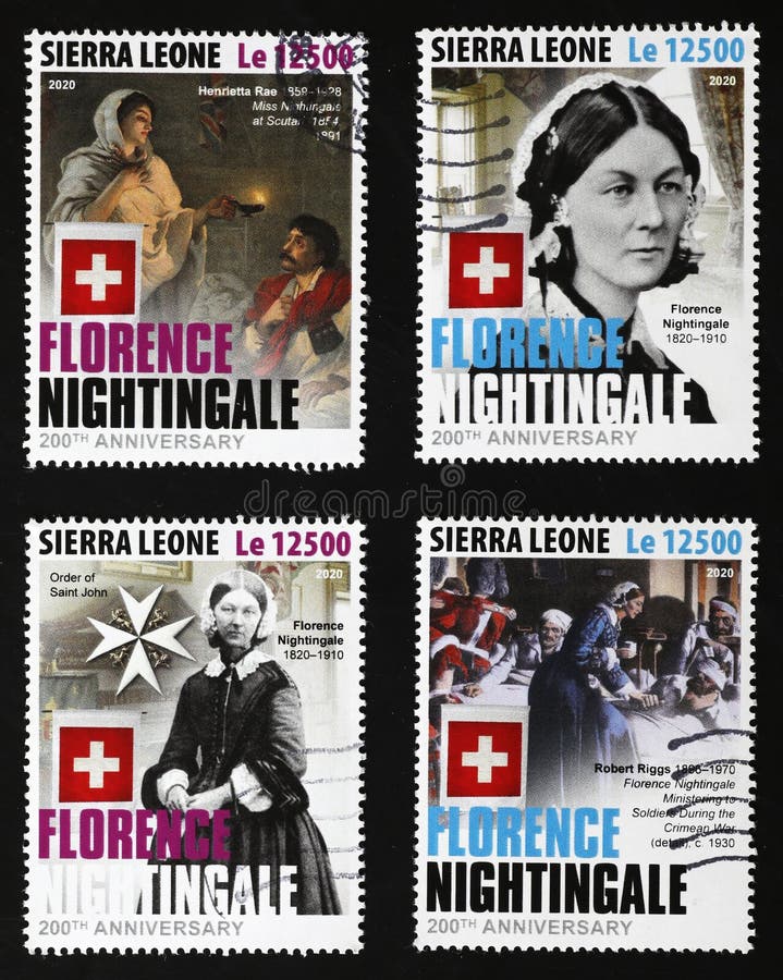 Four portraits of the nurse Florence Nightingale on postage stamps from Sierra Leone. Four portraits of the nurse Florence Nightingale on postage stamps from Sierra Leone