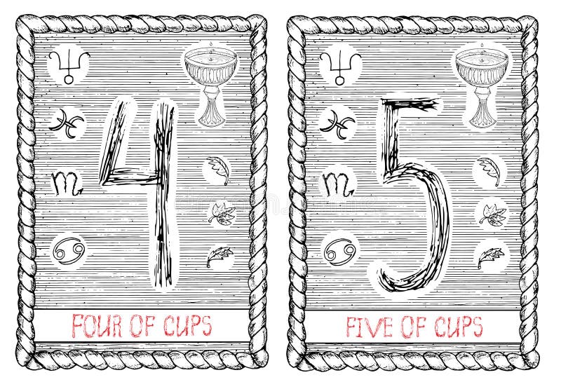 Quatro e cinco dos copos O cartão de tarô ilustração stock Quatro e cinco dos copos O cartão de tarô ilustração stock