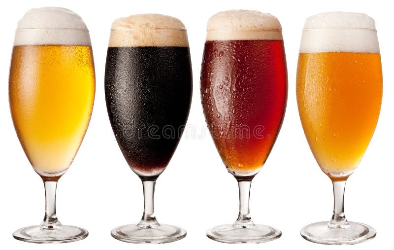 Four glasses with different beers on a white background. The file contains a path to cut. Four glasses with different beers on a white background. The file contains a path to cut.