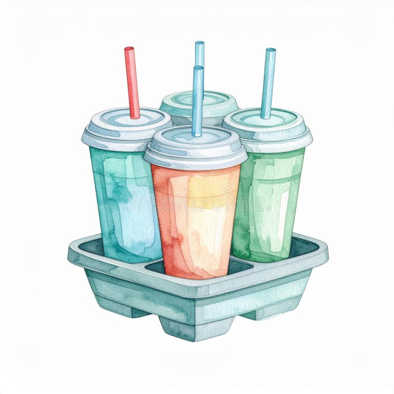 Quattro bevande colorate in un'illustrazione Watercolor vassoio royalty illustrazione gratis